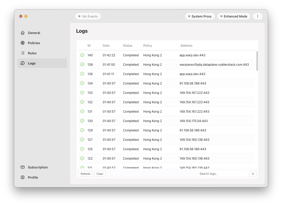 Live logging interface